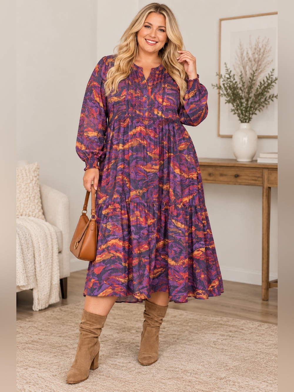 Terra & Sky 1X Purple Abstract Print Tiered Midi Dress Long Sleeve